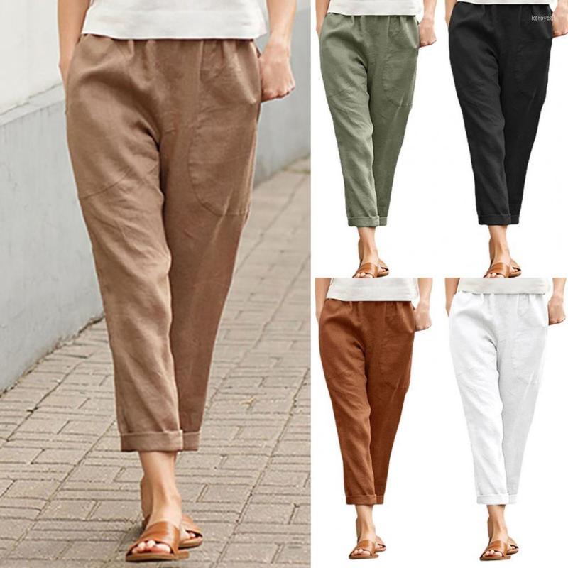 

Women's Pants Solid Color Womens Trousers Summer Breathable Cotton Linen Harem Women Elastic Waist Straight Femme Pantalon, Black