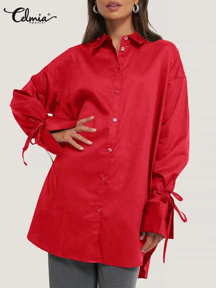 

Women' Blouses Celmia Fashion Long Sleeve Shirt Women Bandage Cuff Breathable Office Lady Tops Lapel Asymmetrical Hem Chic 2022 Summer, Blue