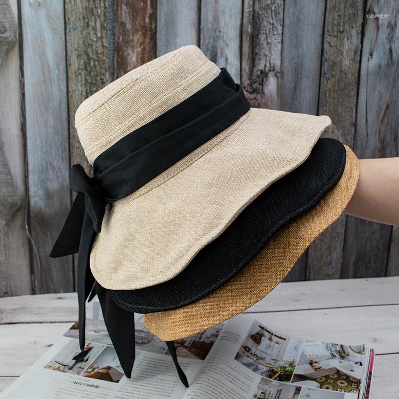 

Berets Bow Summer Autumn Panama Solid Color Bucket Hat UV Protection Sun Big Wide-brim Visor Women Sunscreen Fisherman's, Black