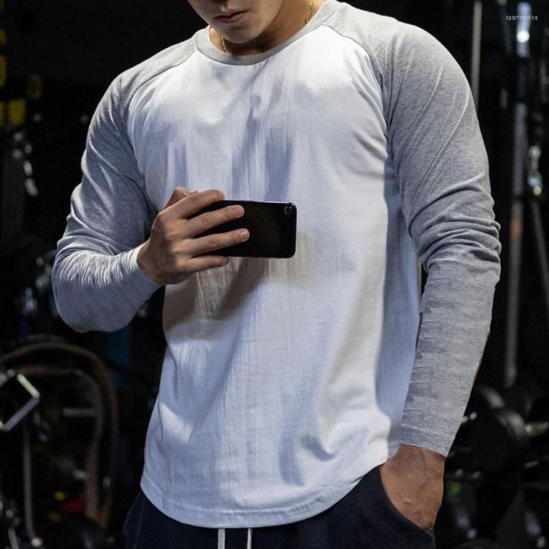 

Men's Hoodies Mens Long Sleeve T-Shirts Patchwork Color Pullover Male Round Neck Shirts Gym Sportswear Running Tops Man Sweatshirt
