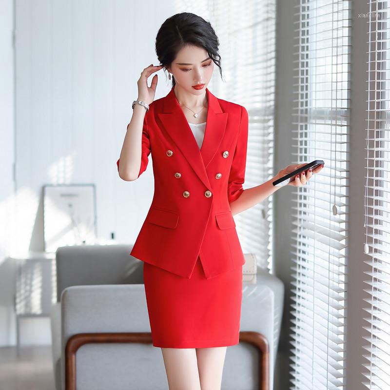 

Two Piece Dress Womens Blazer Skirt Suit Set Double Breasted Jacket Mini Skirts 2022 Spring Summer Office Ladies Red Formal, Red skirt suit