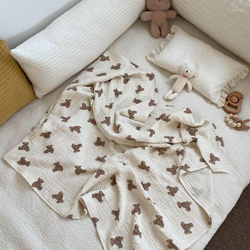 

Blankets Baby Muslin 2 Layers Swaddle Wrap Blanket Cotton Gauze Bear Print Born Receiving Bath Towel Summer Infant Bedding, Beige
