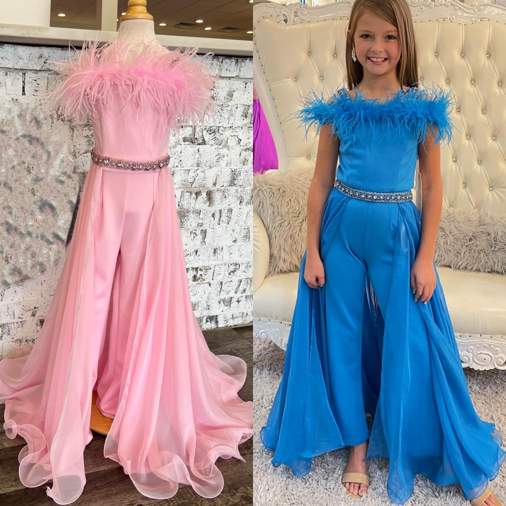 

Pink Girl Pageant Dress Jumpsuit Romper 2023 Tulle Overlay Little Kids Birthday Cold-Shoulder Formal Party Gown Infant Toddler Teens Tiny Young Junior Miss Feathers, Custom made from color chart