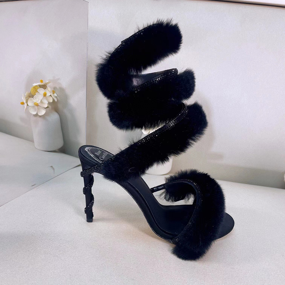 

leather caovilla Margo Rene and fur Heels Sandals Rhinestone embellished Snake stiletto Heel sandals Luxury Designers Ankle Wraparound shoe 8WV4, Black