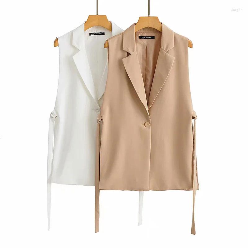 

Women' Vests Women' Vest Fashion Solid Color Loose Side Slit Temperament One-Button Suit Collar Sleeveless Long Streetwear Chic Tops, Beige