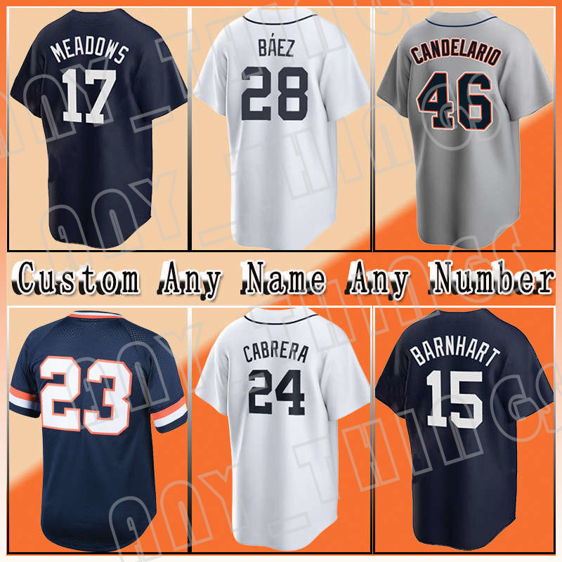 

24 Miguel Cabrera Baseball 28 Javier Baez Custom Jerseys 23 Kirk Gibson Retro 15 Tucker Barnhart 17 Austin Meadows 7 Jonathan Schoop Eric Haase Zack Short Willi Castro, Custom men(l h)