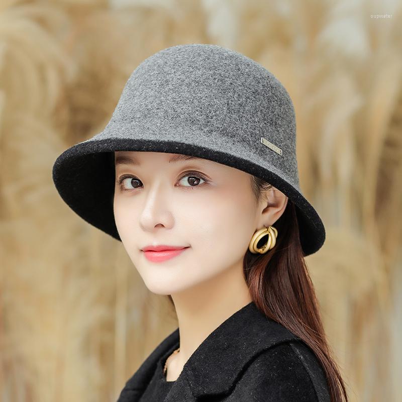 

Berets Winter Warm Hat Women's Fashion Solid Color Wool Bucket Cap Fisherman's Retro Basin Autumn, Black