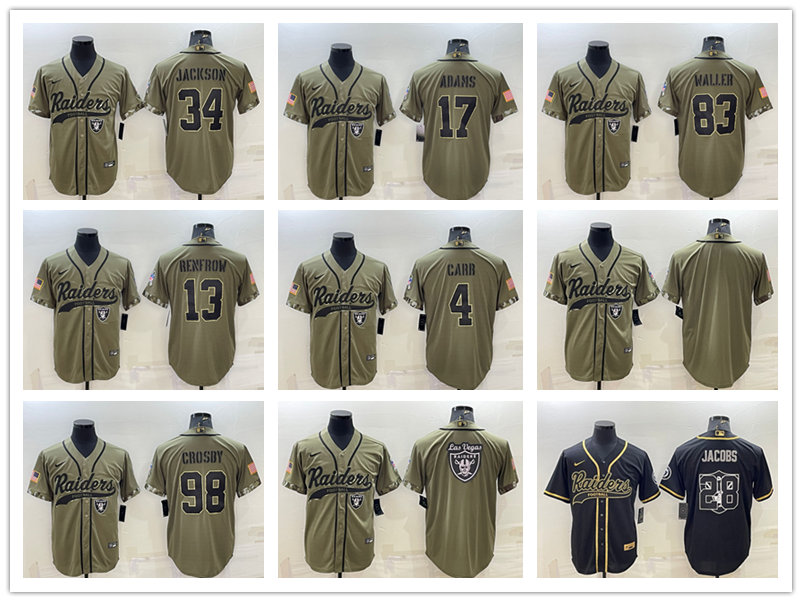 

Baseball Football Jersey Las Vegas''Raiders''Men Davante Adams Derek Carr Bo Jackson Maxx Crosby 2022 Olive Salute to Service Cool Base Stitched