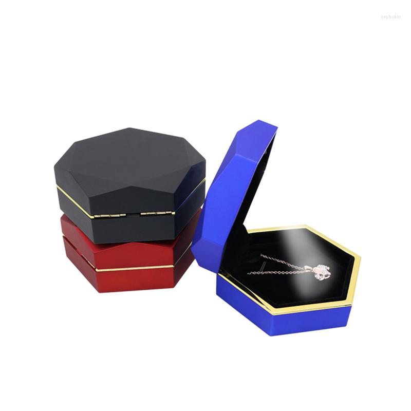 

Jewelry Pouches LED Necklace Pendant Collection Box Hexagon Display Storage