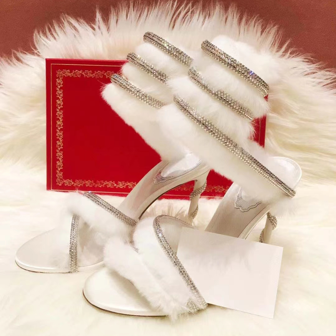 

Rene caovilla Rabbit hair snake shaped winding sandals shoes Rhinestone Evening shoes women high heeled9.5cm Designers Wraparound Dress shoe factory footwear, Black