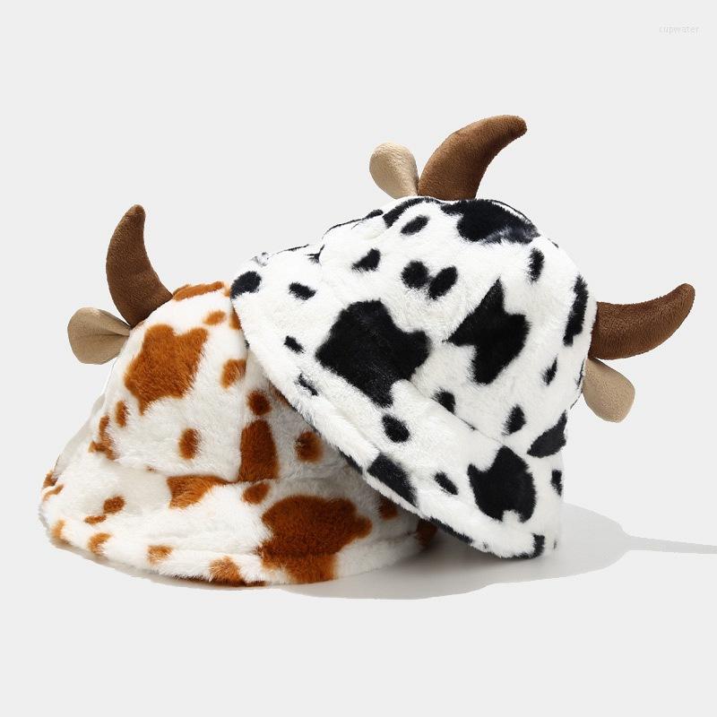 

Berets Cow Print Bucket Hat With Cute Horn For Women Winter Fluffy Plush Milk Pattern Kawaii Fisherman Cap Warm Outdoor, Khaki