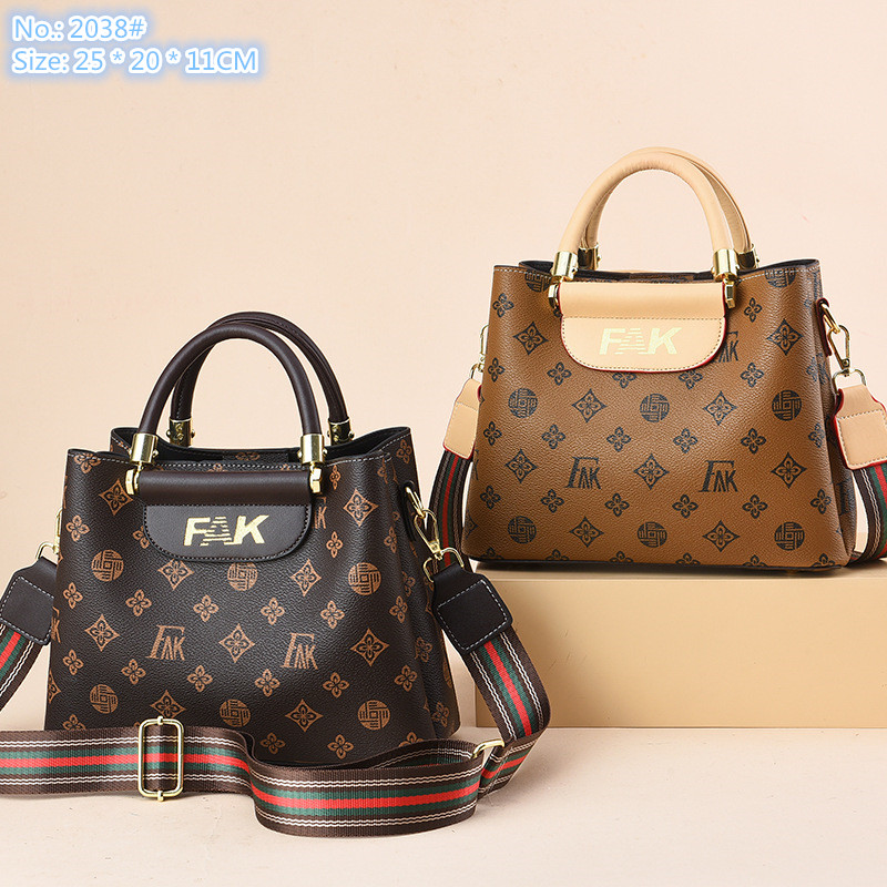 

Wholesale factory shoulder bag 3 colors comfortable stripe wide shoulder strap women backpack elegant atmosphere printed handbag three-layer leather handbags, Brown-2038#