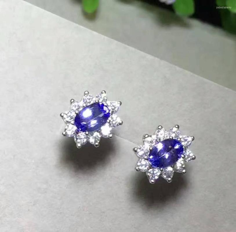

Stud Earrings Fashion Natural Tanzanite Gemstone Elegant Diana Round S925 Silver Girl Women Jewelry