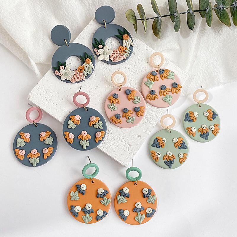 

Dangle Earrings AENSOA Handmade Colorful Floral Polymer Clay Drop For Women Geometric Round Pendientes Flower Unusual Jewelry