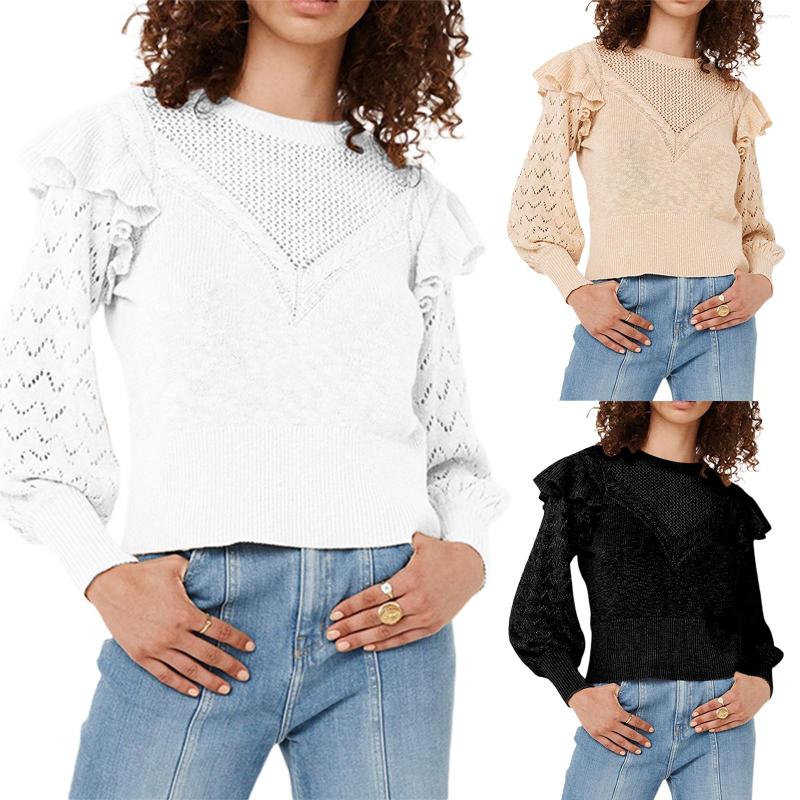 

Women' Sweaters IMCUTE Elegant Slim Ruffle Sleeve Sweater Women' Round Neck Hollow Long Autumn Winter Pure Color Pullover, Black