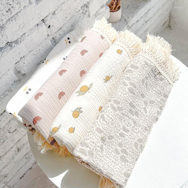 

Blankets Baby Cotton Printed Tassel Blanket Born Wrapping Towel Muslin Swaddle Bedding Quilt Stroller Cover