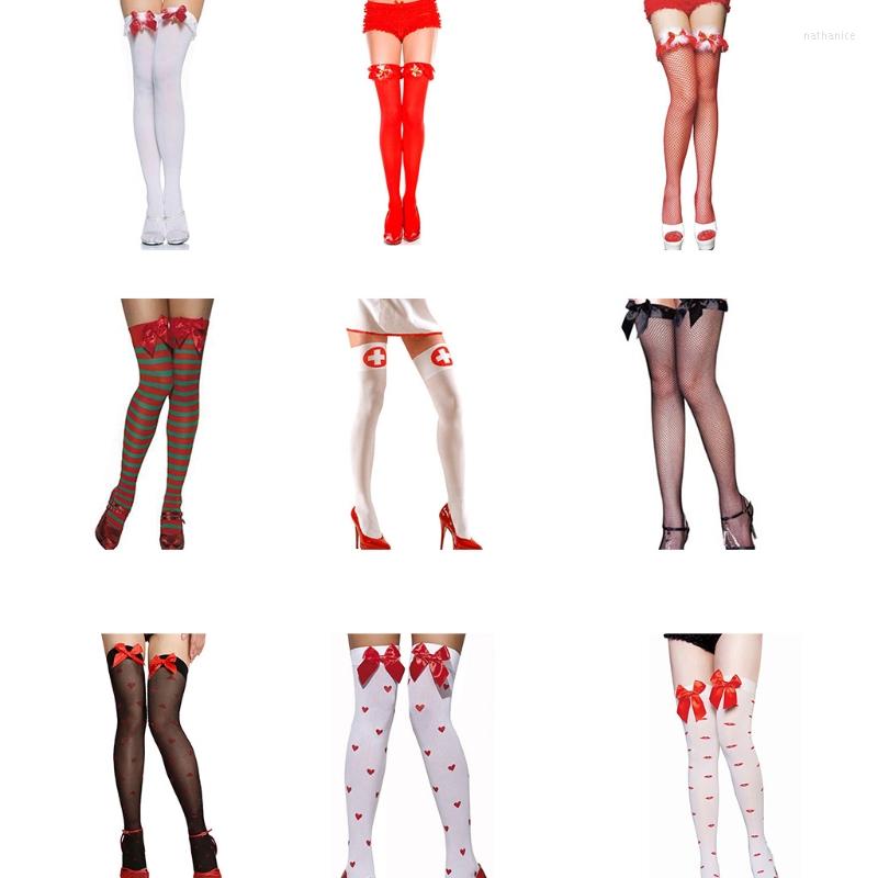 

Women Socks Sexy Bow Thigh High Heart Print Cosplay Over Knee Long Stockings