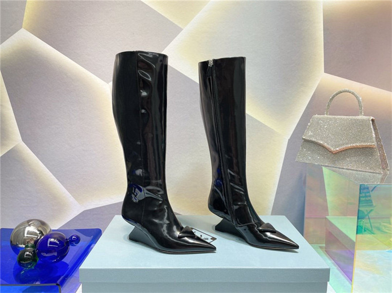 

Designer Luxury Sport Womens Side Zip Block Heel Knee High Boots Black Leather Booties With Original box