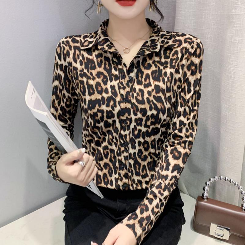 

Women' Blouses #8038 Leopard Shirt Women Long Sleeve Turn-down Collar Vintage Korean Style Buttons Slim Womens And Tops Spring Autumn