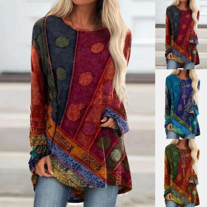 

Women's Blouses Retro Women Autumn Long Sleeve Ethnic Print Patchwork Loose T-shirt Blouse Top, Purple