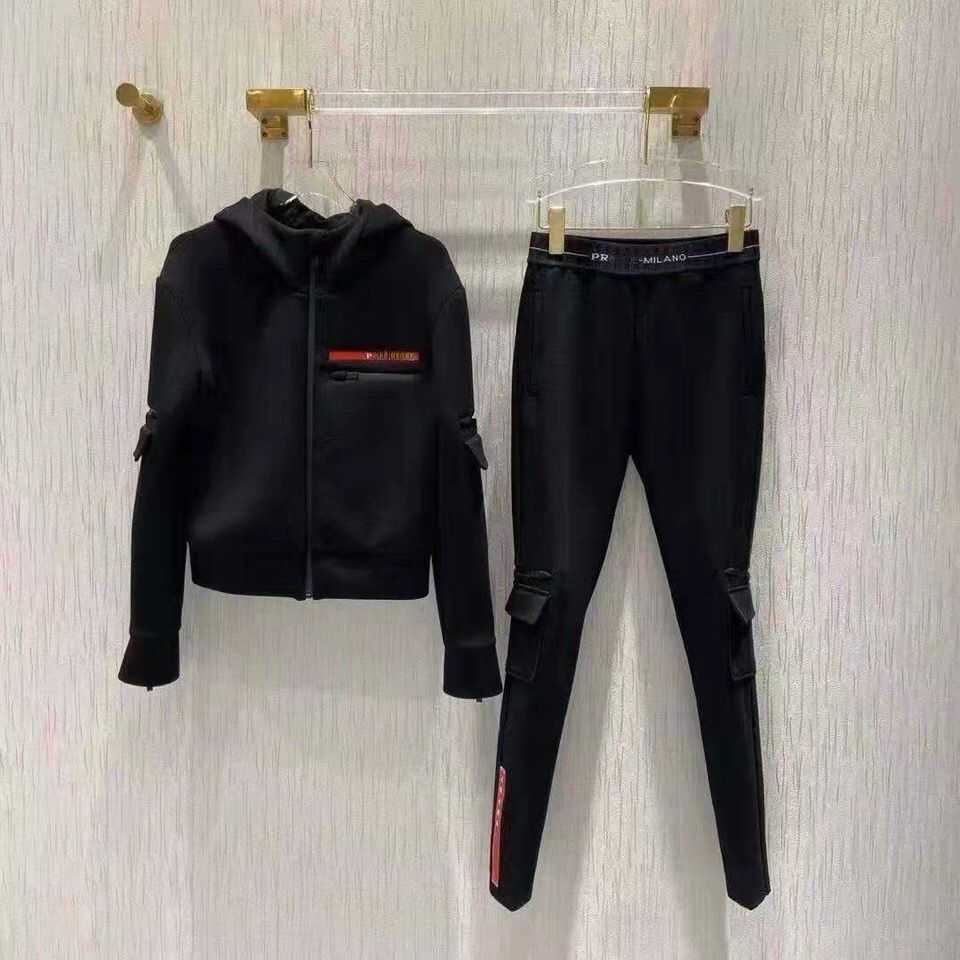 

Luxury women tracksuit pd designer hoodie sweatpants two-piece sports womens embroidered zip coat hooded jacket pants suit, Black1