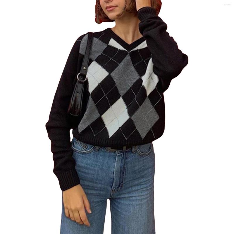 

Women' Sweaters Y2K Women' V Neck Classic Long Sleeve Argyle Print Loose Knit Jumper Tops Street Style, Black