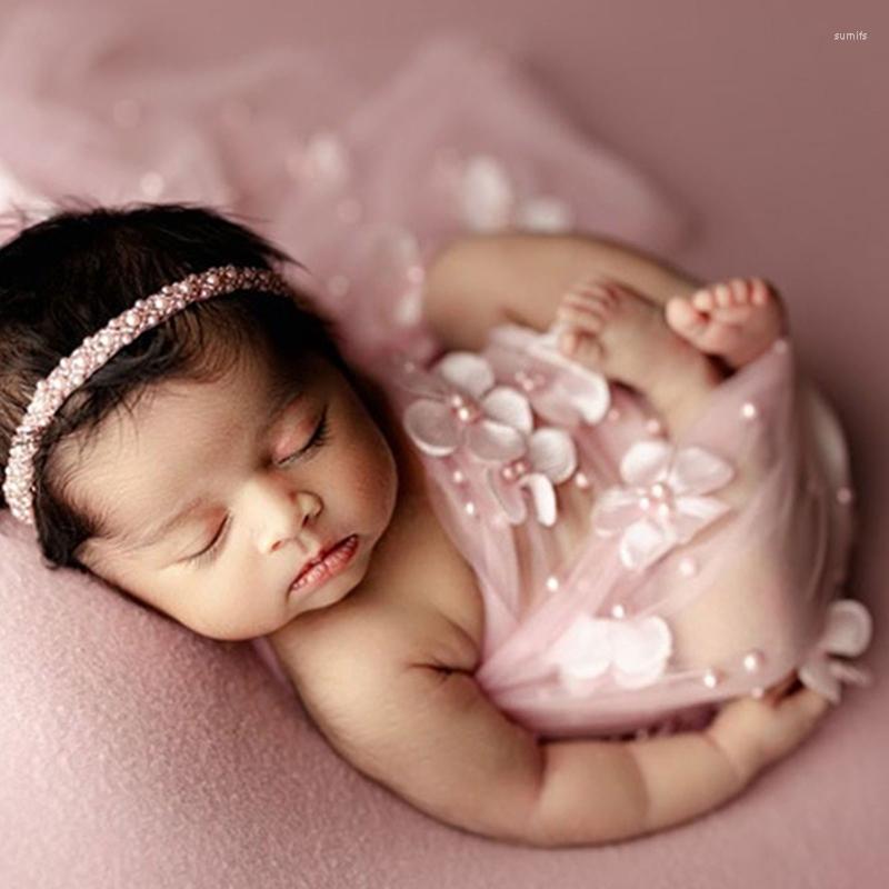 

Blankets M76C Born Pography Props Transparent Mesh Yarn Pearls Flowers Swaddling Blanket, Blue