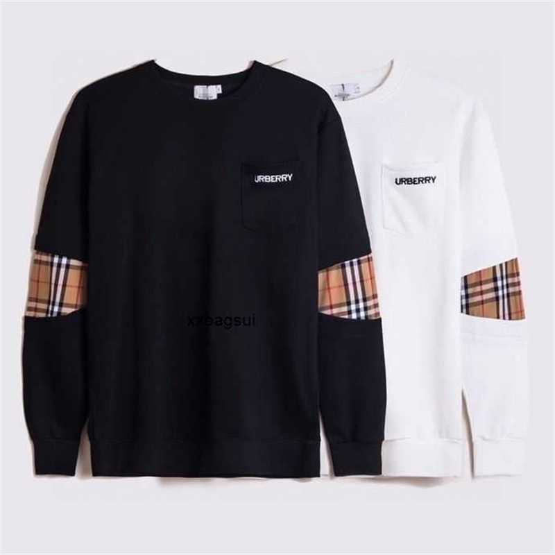 

burbrery men' hooded 2022 Chao brand high street lattice splicing sleeve round neck sweater long embroidery Pullover couple top jackets coats, White