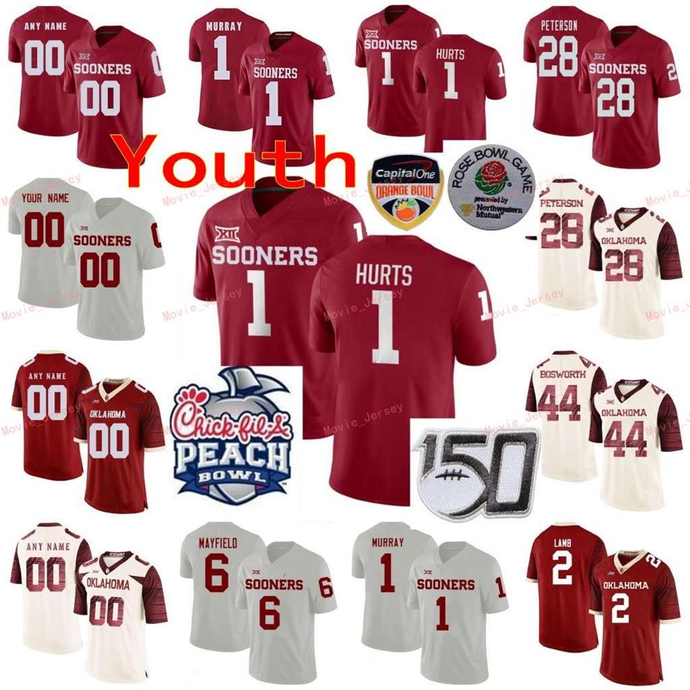 

Stitched Custom 1 Jalen Hurts 1 Kyler Murray 10 Theo Wease Jr 11 Jadon Haselwood Oklahoma Sooners College Youth Kids Jerseys244I, Youth new red with peach bowl