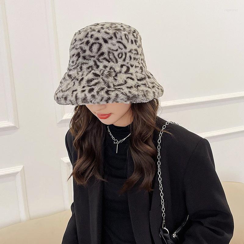 

Berets Winter Hats For Women Leopard Print Plush Bucket Outdoor Warm Soft Furry Fisherman Cap Girl Fashion Panama Flat Top, 06