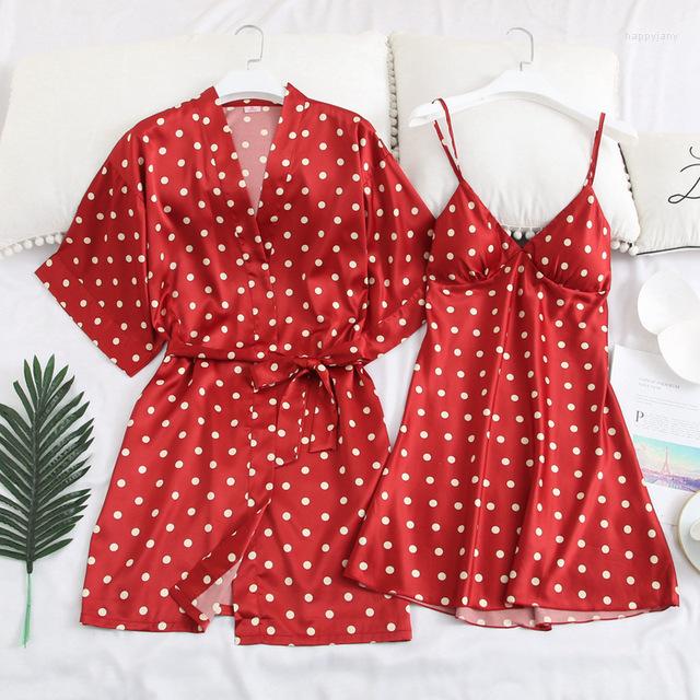 

Women's Sleepwear Summer Polka Dot Short Sleeve Women Robe Set Ice Silk Comfortable Spaghetti Strap Cardigan Twinset Pijama, Green