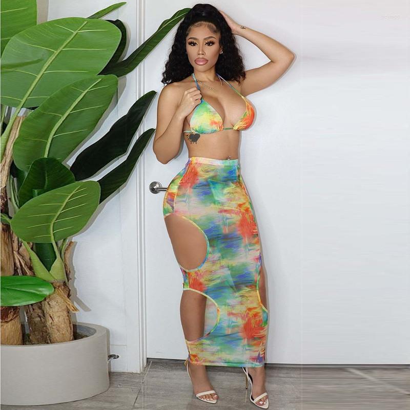 

Work Dresses KEXU Printed Mesh Sexy Top Skirts Sets Vacation Beach Outfits For Women 2022 Rave Party Club 3 Piece Set, Multi