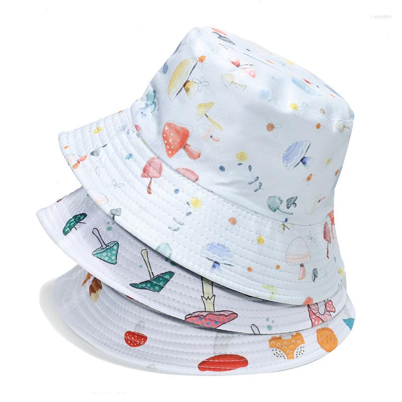 

Berets Unisex Cotton Bucket Hats Women Cute Mushroom Print Fisherman's Caps Wide Brim Foldable Sunshade Panama Cap Beach Sun Hat, 02