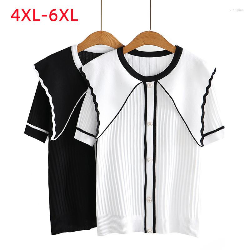 

Shirt 2022 Ladies Summer Plus Size Tops For Women Large Short Sleeve Slim Elastic Black White Knit T-shirt  5XL 6XL