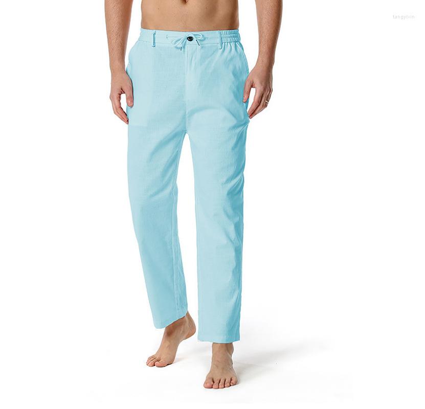 

Men' Pants Men' Autumn Casual High Quality Natural Cotton Linen Trousers White Blue Yellow Waist Rope Straight Man, Black