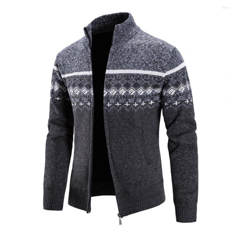 

Men's Sweaters Zipper Closure Long Sleeve Sweater Coat Autumn Winter Print Patchwork Pockets Stand Collar Knitted Jacket Knitwear, Light grey