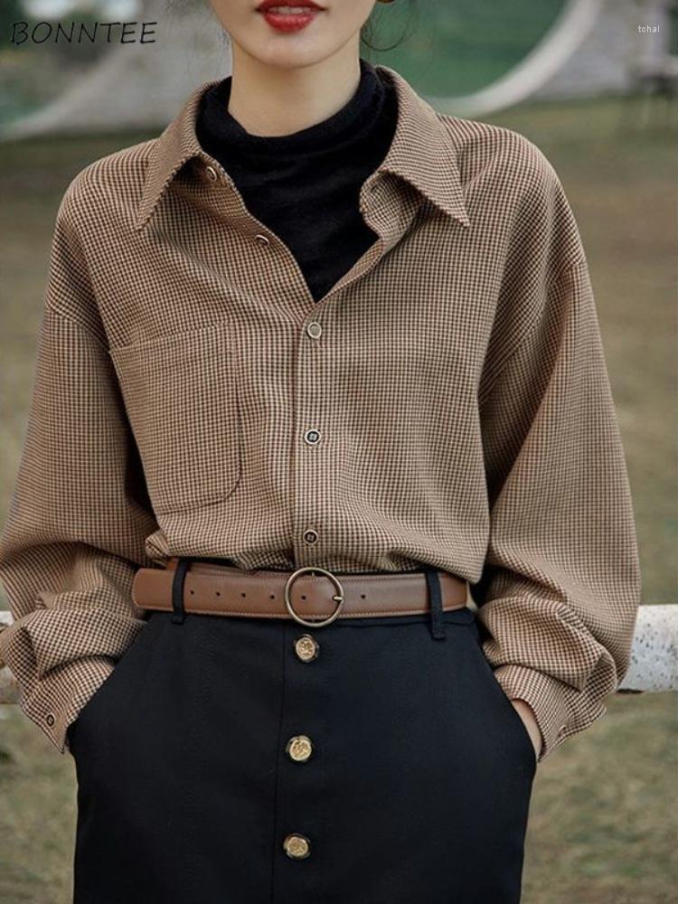 

Women' Blouses Plaid Shirts Women Vintage BF Long Sleeves Streetwear Unisex Loose Basic Chic Ins Fashion All-match Harajuku Spring Autumn, Apricot-regular