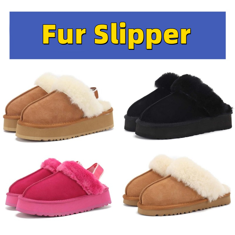 

Chestnut Fluff Yeah Slide Australia Sheepskin Suede Funkette Slippers Sherpa Disquette Women's Platform Shearling Fur Lined Slide Sandal Slip On Flat Booties