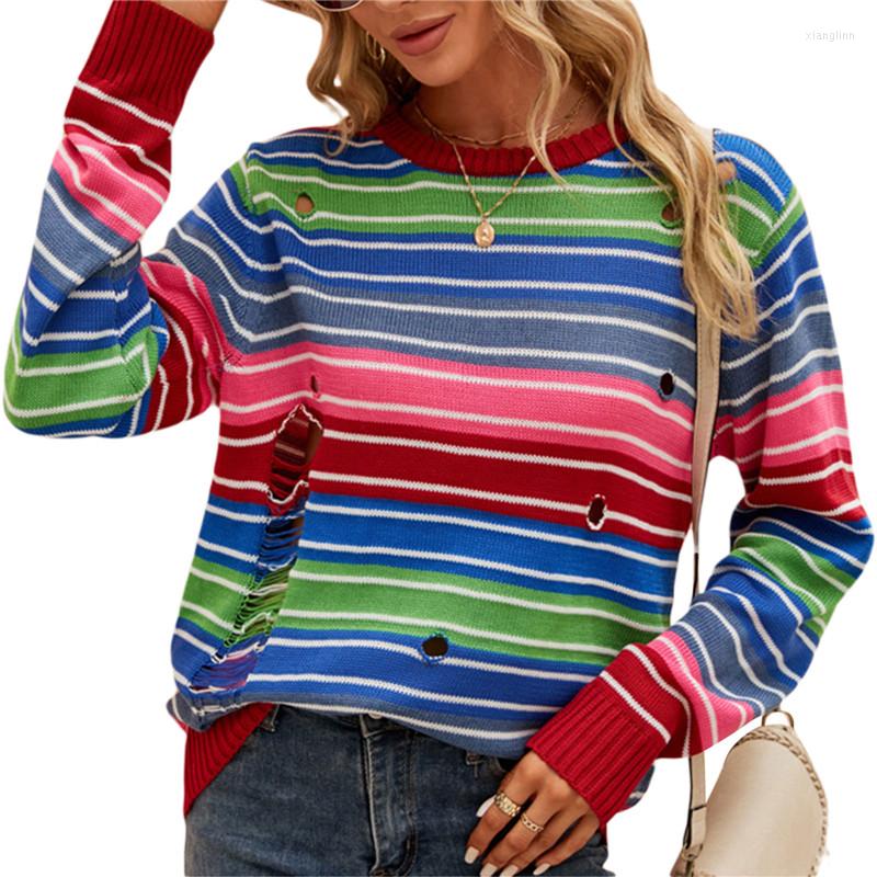 

Women' Sweaters Women Casual Sweater Pullovers Colorful Stripe Hollow Holes Crew Neck Long Sleeve Knitwear Ladies Fall/Winter Loose Knitted, Picture shown