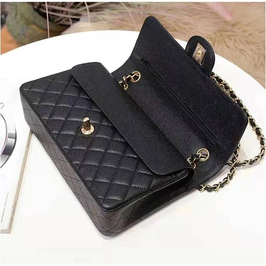 

Luxury ladies shoulder bag 2C classic caviar leather double flap messenger bag fashionable large capacity 25.5cm women's handbag, Sheepskin gold