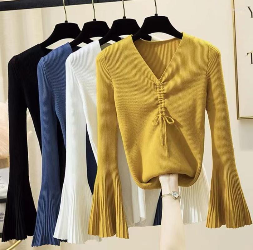 

Women's Sweaters Autumn Winter Drawstring Pullover Women V-neck Flared Long-sleeved Knitted Sweater Female Slim Fashion Casual Top, Green