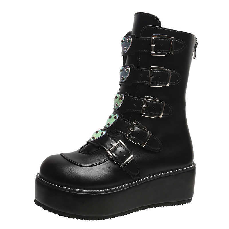 

Boots 2022 Hot Brand INS Demonias Shoes Platform Heart Buckle Wedges High Heels Motorcycle Mid Calf Boots Women Gothic Street Cool J220923, Black shoes