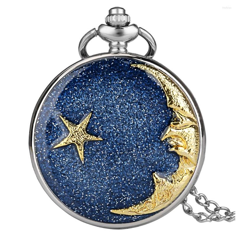 

Pocket Watches Romantic Blue Starry Gold Moon Star Display Silver Quartz Watch Elegant Necklace Pendant Men Women Clock, Cwith 80 cm chain