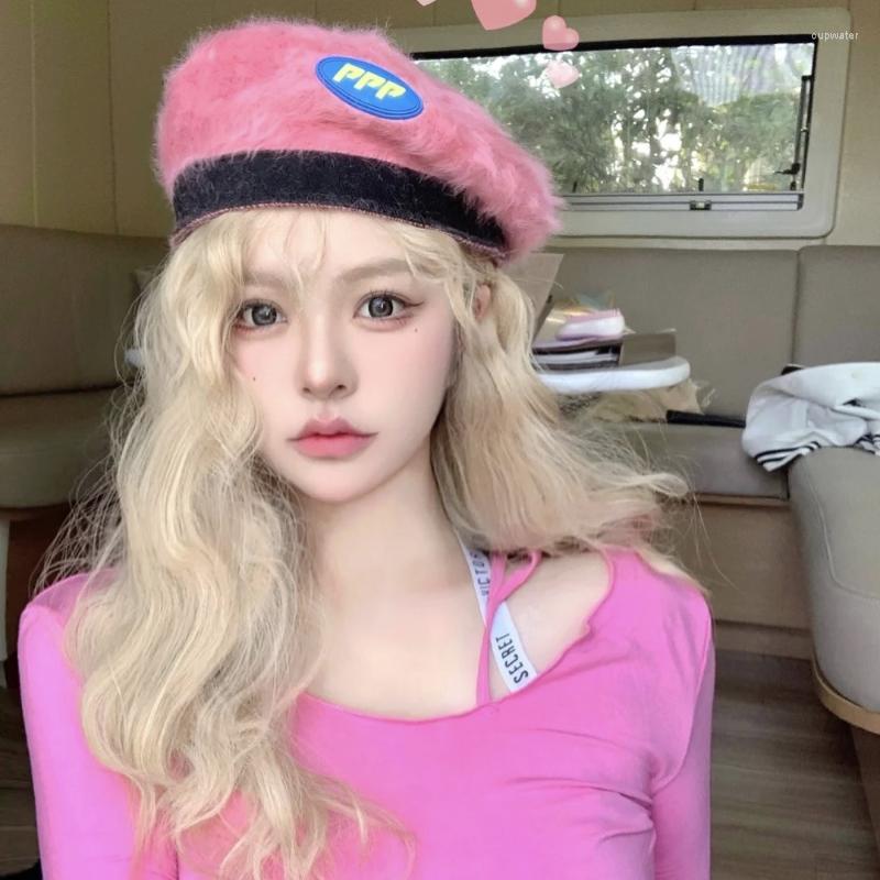 

Berets PPP Women Wool British Style Autumn Winter Korean Wild Models Leather Label Artist Cap Painter Beanie Hat, White