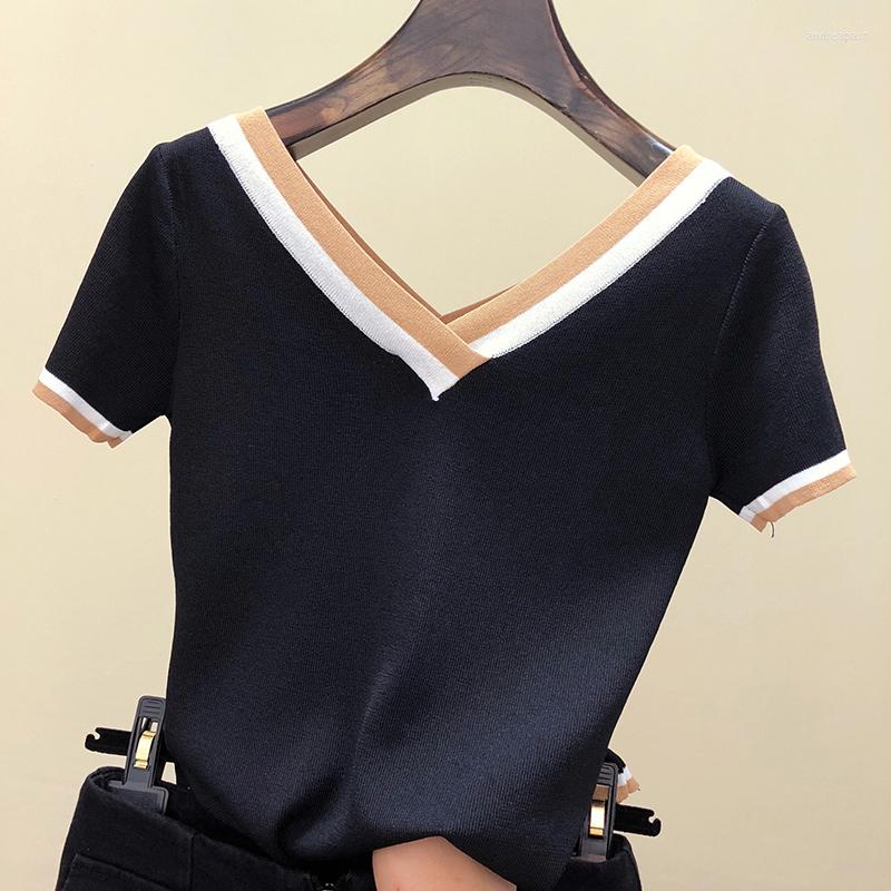 

Women's Sweaters V-Neck Ladies Pullover Sweater Knitted 2022 Summer Short Sleeve Contrast Color Striped Fashion Slim Women Clothes Pull, Black