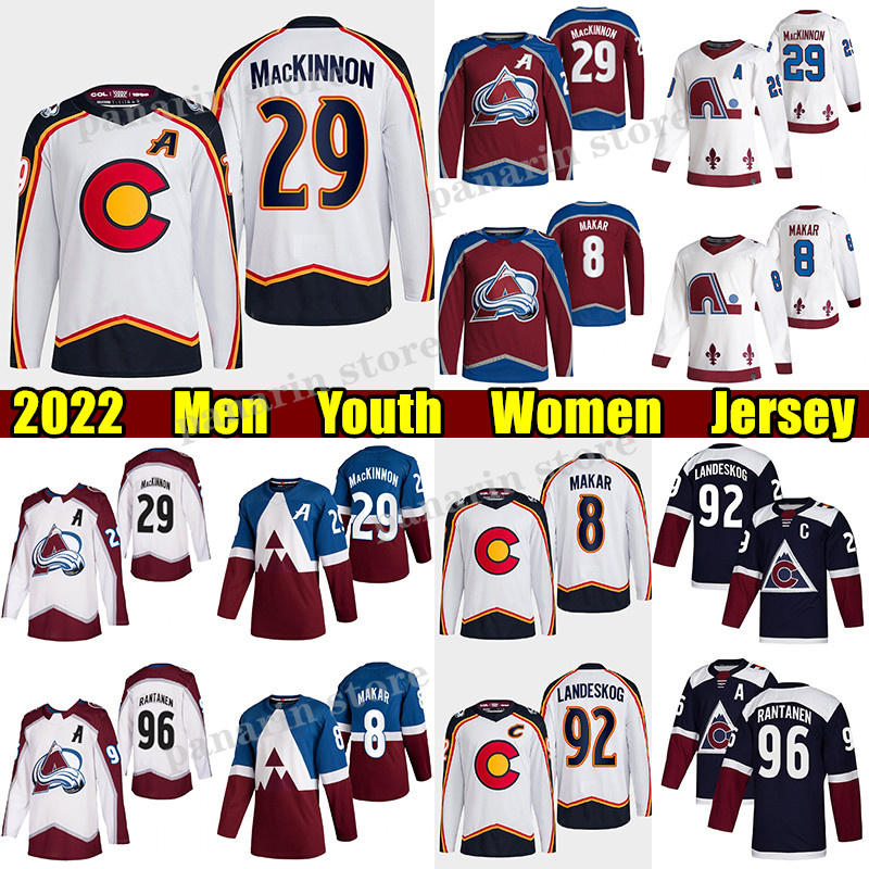 

#29 Nathan MacKinnon Reverse Retro hockey jersey #8 Cale Makar Avalanche#96 Mikko Rantanen Gabriel Landeskog Joe Sakic Patrick Roy Valeri Nichushkin jerseys, White reverse retro youth