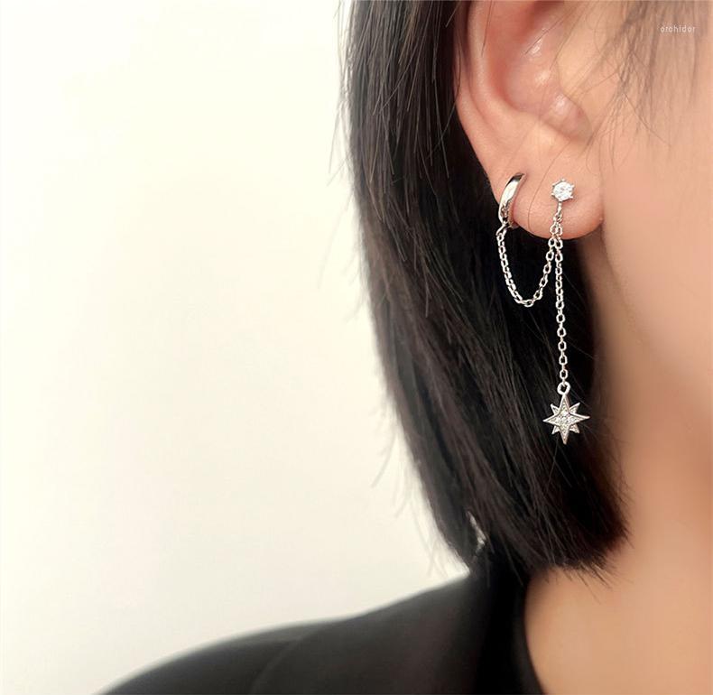 

Dangle Earrings 925 Sterling Silver Earring Double Ear Pierced Siamese Chain Drop Shaped Zircon Tassel Long Women Jewelr