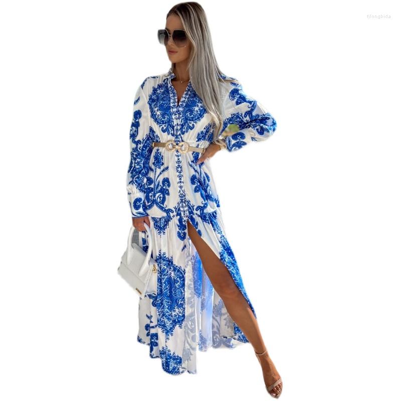 

Casual Dresses Spring Fashion Woman Dress Long Sleeve V-neck Vintage Printed Female Chiffon Loose Front Split Women Beach, Blue