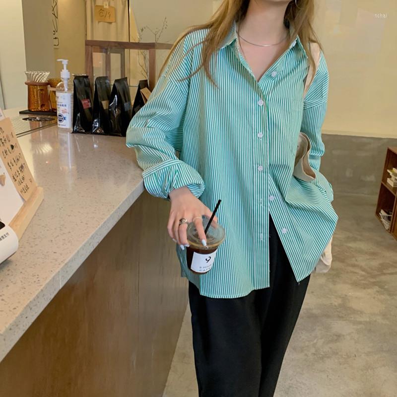 

Women's Blouses Alien Kitty 2022 Autumn Women Shirt Striped Turn Down Collar Single-Breasted Classic Green Fashion Slim Loose Casual Top