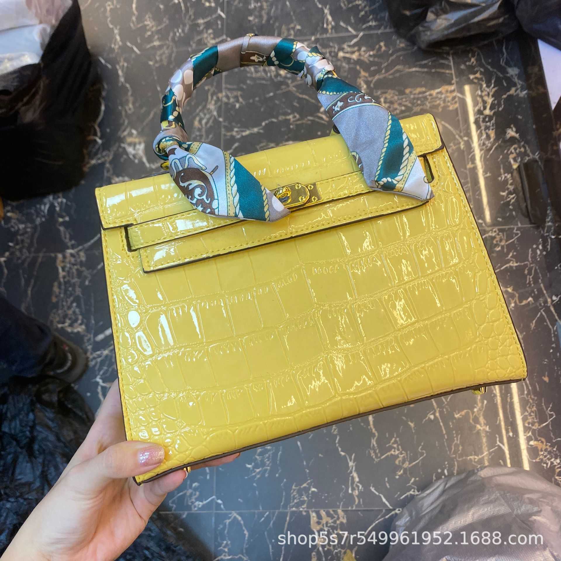 

Handbags brand fashion H ermese leather bags Crocodile pattern high gloss patent Kaili female cowhide factory pin Single Shoulder Messenger portable fold stone, Sky blue